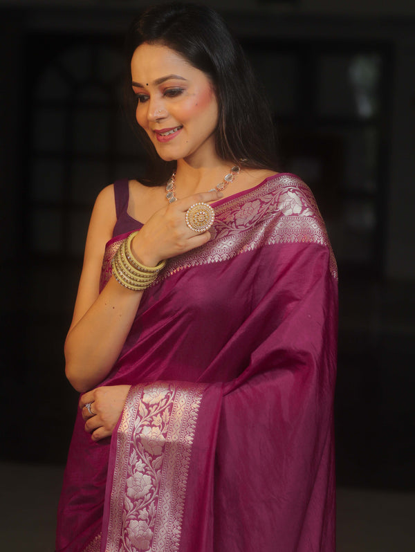 Banarasee Handwoven Semi Silk Plain Saree With Zari Border-Violet