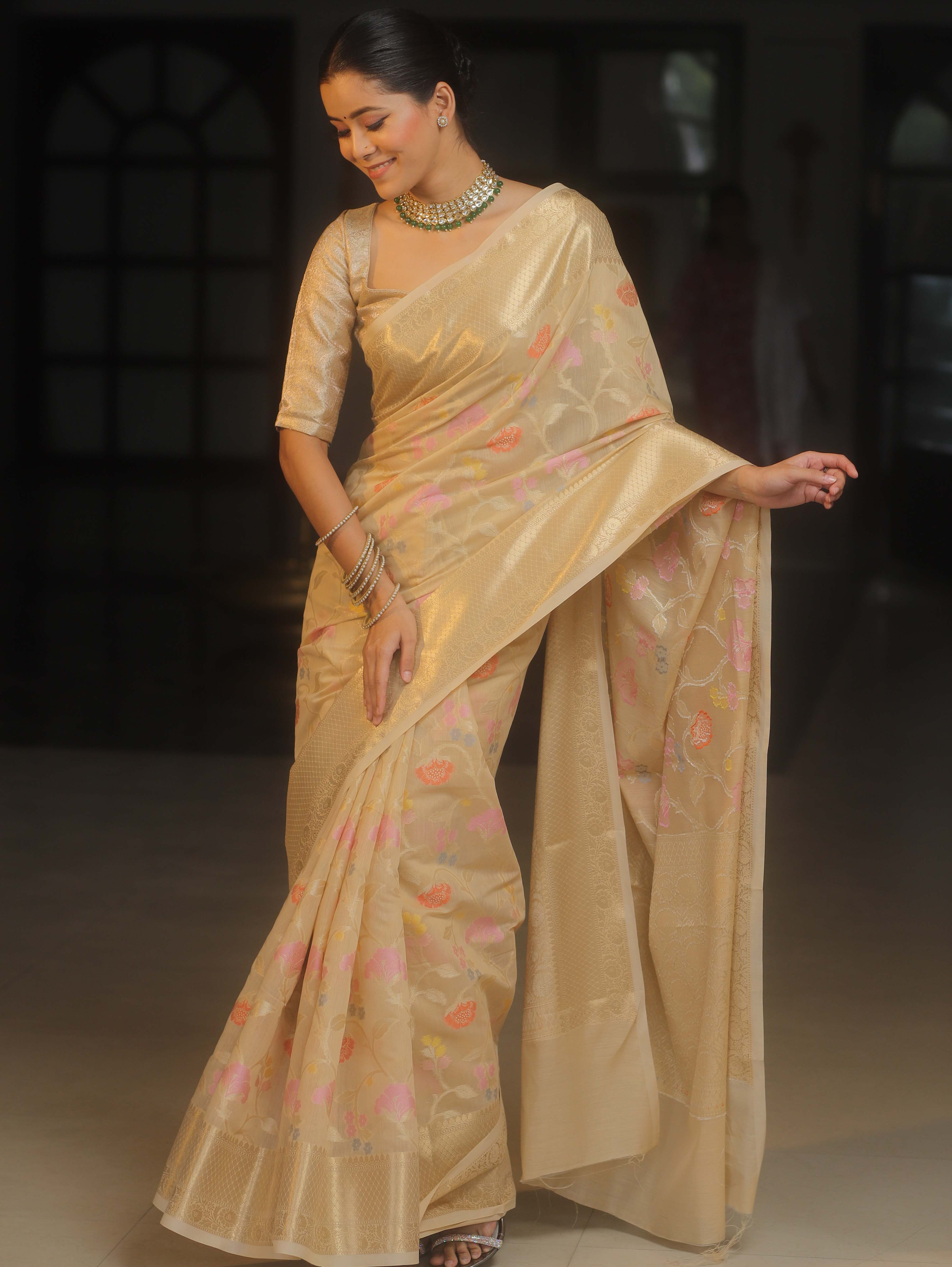 Banarasee Cotton Silk Saree Zari Jaal Design & Border-Beige