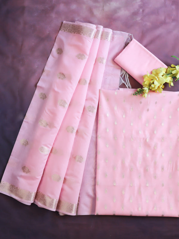 Banarasee Chanderi Zari Buti Salwar Kameez Fabric With Dupatta Set-Pink