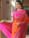 Banarasee Georgette Saree With Zari Work & Contrast Border-Orange & Pink