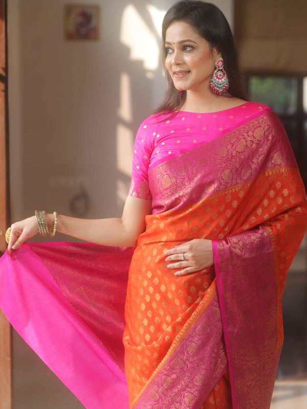 Banarasee Georgette Saree With Zari Work & Contrast Border-Orange & Pink