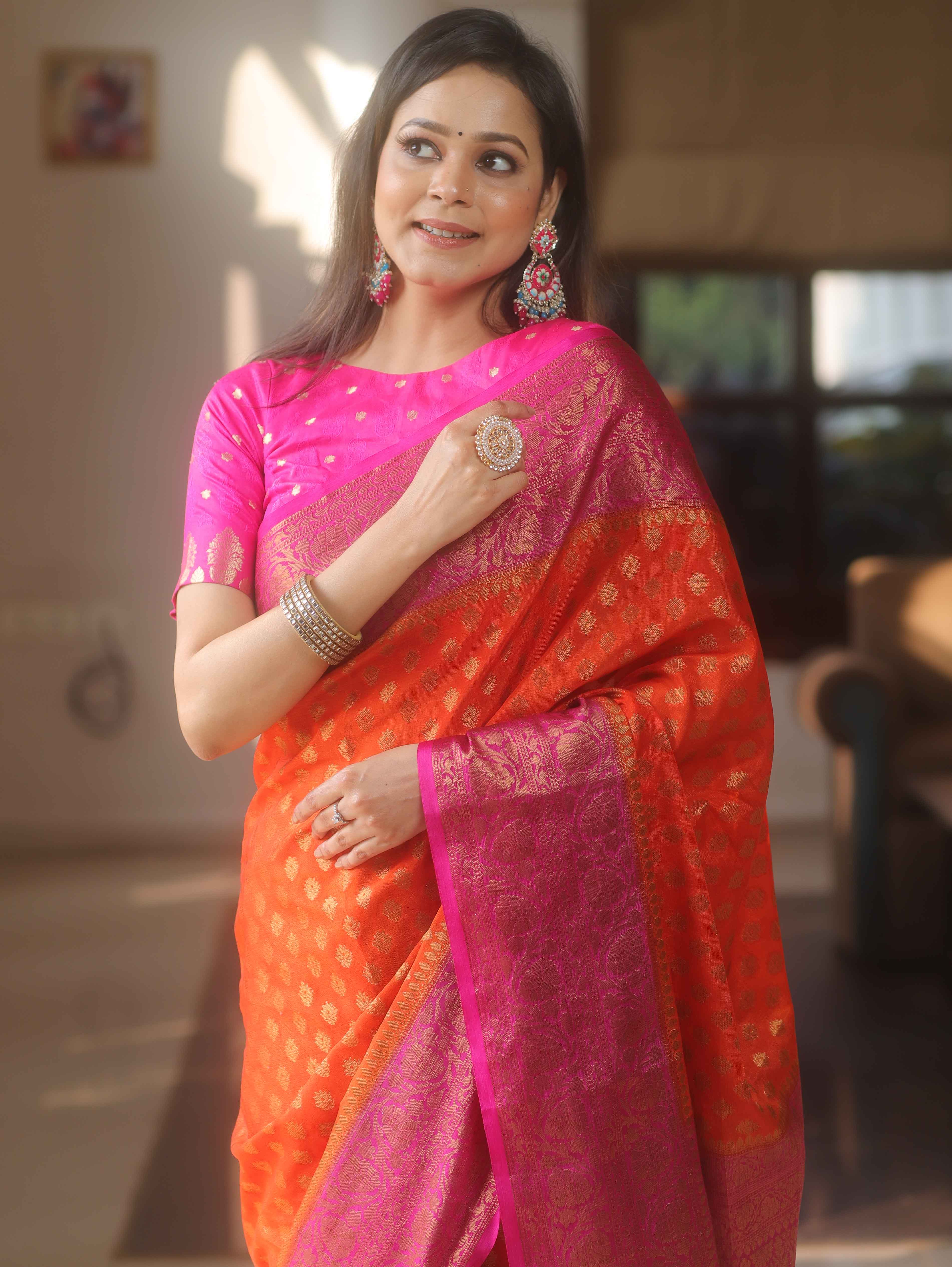 Banarasee Georgette Saree With Zari Work & Contrast Border-Orange & Pink