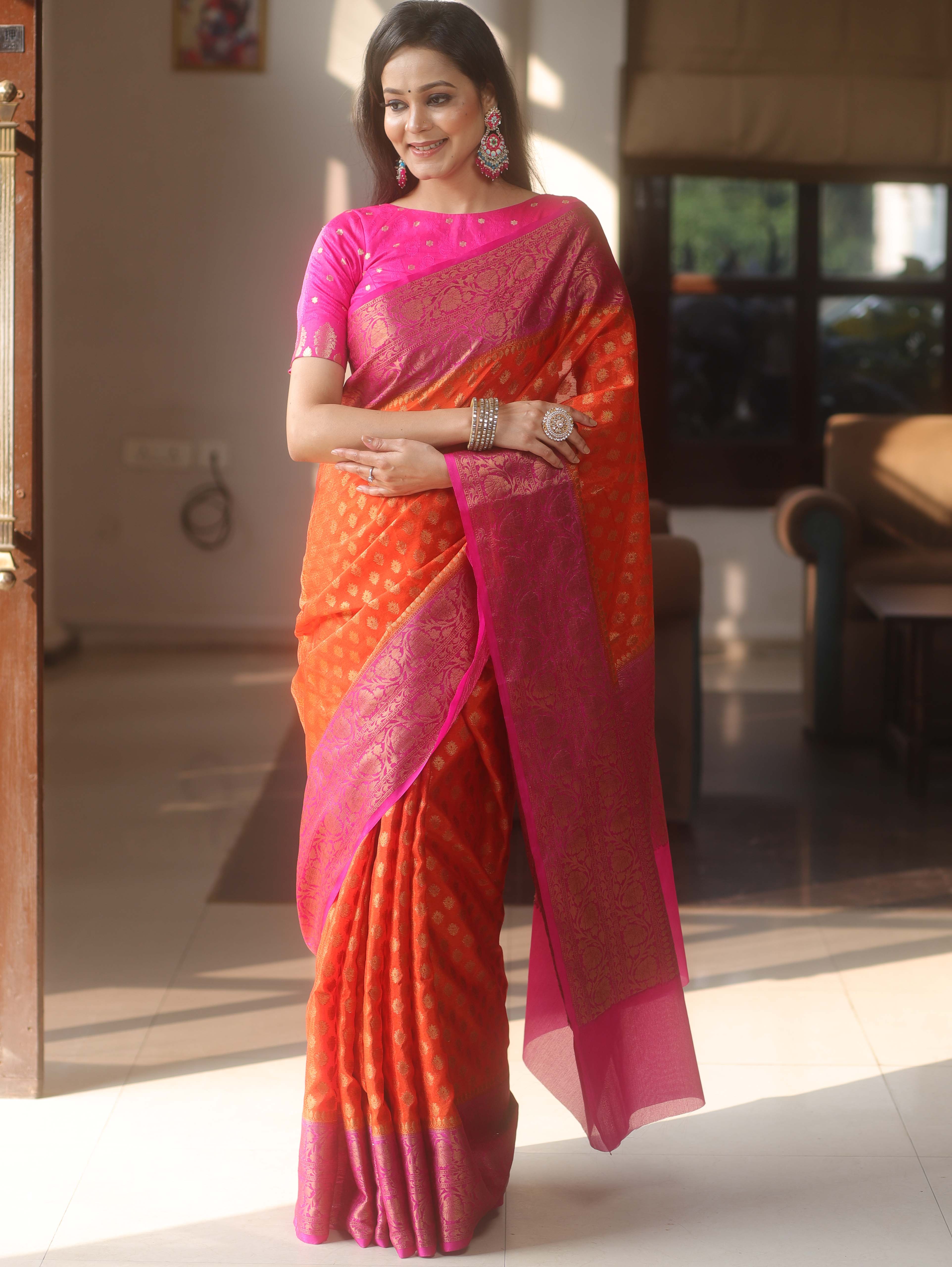 Banarasee Georgette Saree With Zari Work & Contrast Border-Orange & Pink