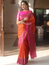 Banarasee Georgette Saree With Zari Work & Contrast Border-Orange & Pink