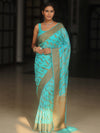 Banarasee Semi-Georgette Saree Antique Zari Border Design-Light Blue