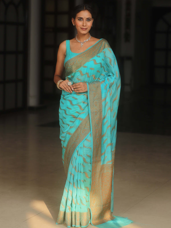 Banarasee Semi-Georgette Saree Antique Zari Border Design-Light Blue