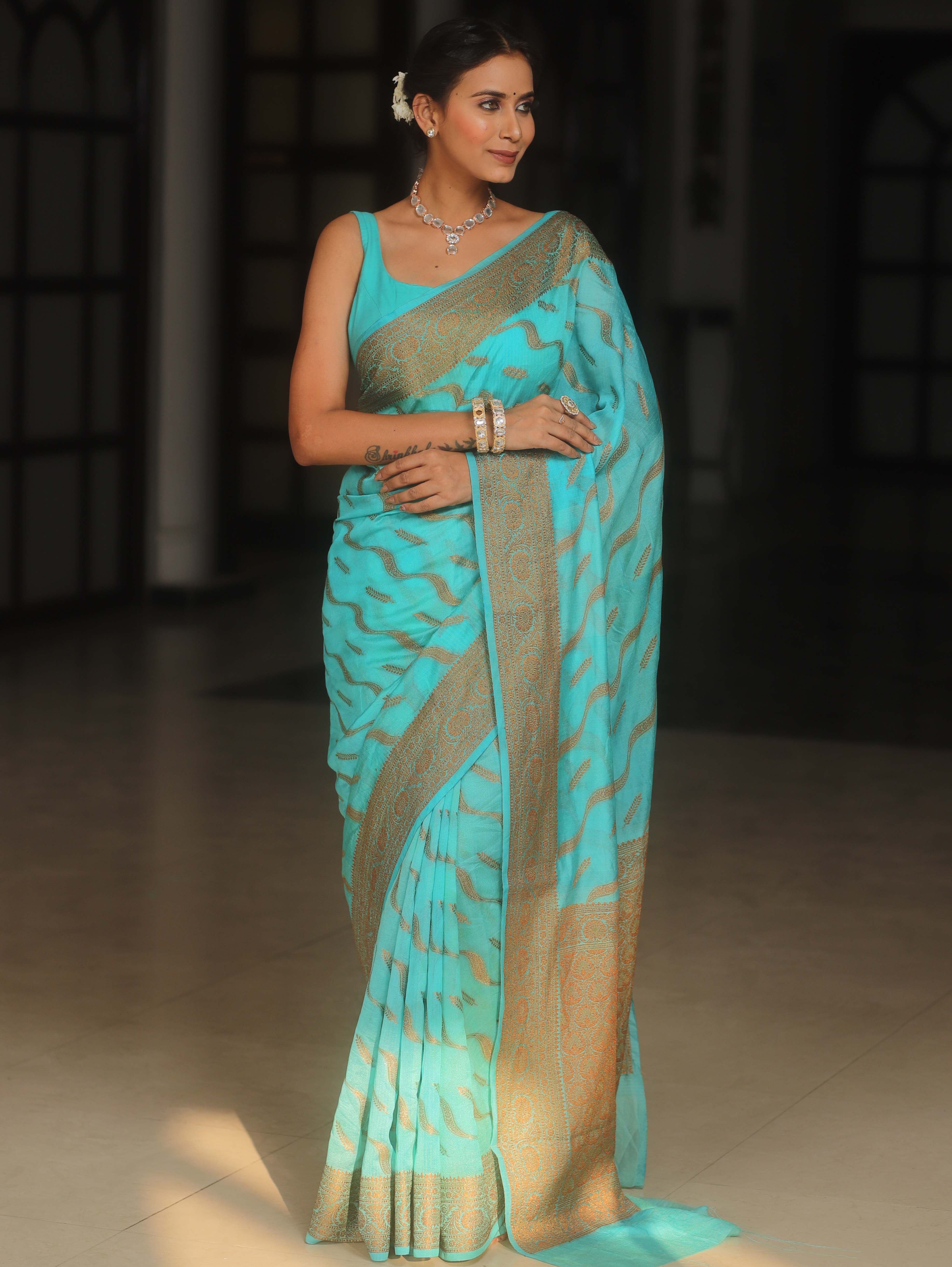 Banarasee Semi-Georgette Saree Antique Zari Border Design-Light Blue