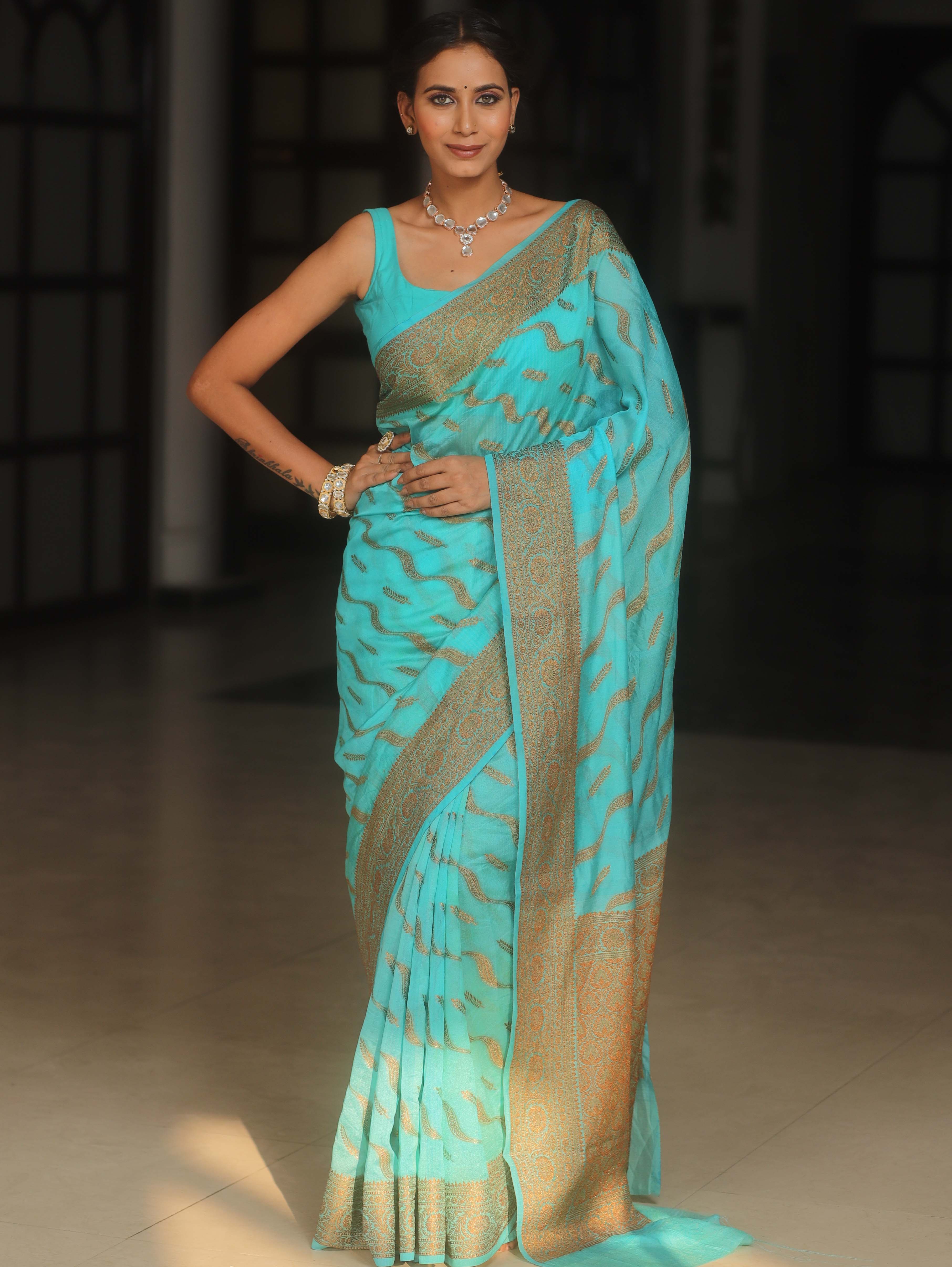 Banarasee Semi-Georgette Saree Antique Zari Border Design-Light Blue