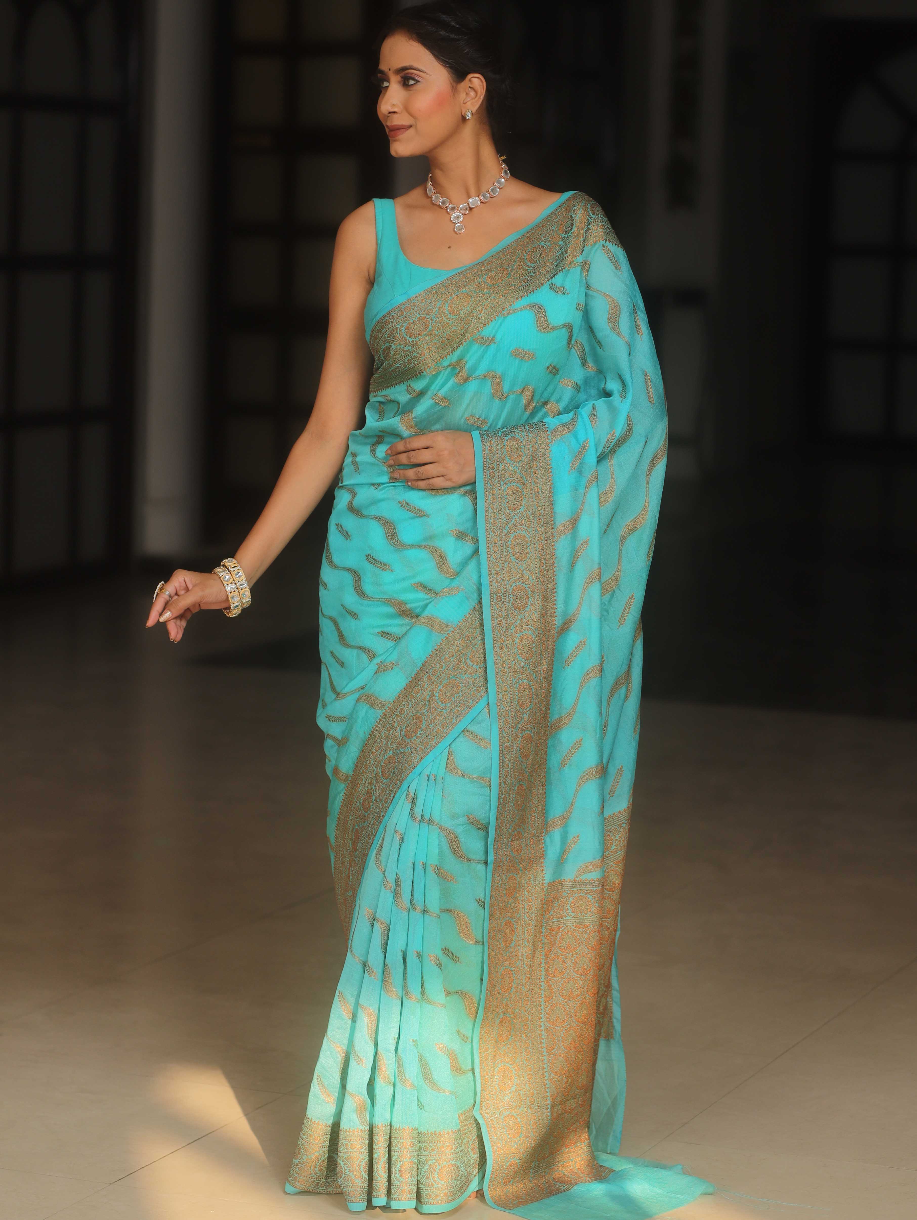 Banarasee Semi-Georgette Saree Antique Zari Border Design-Light Blue