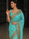 Banarasee Semi-Georgette Saree Antique Zari Border Design-Light Blue