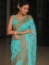 Banarasee Semi-Georgette Saree Antique Zari Border Design-Light Blue