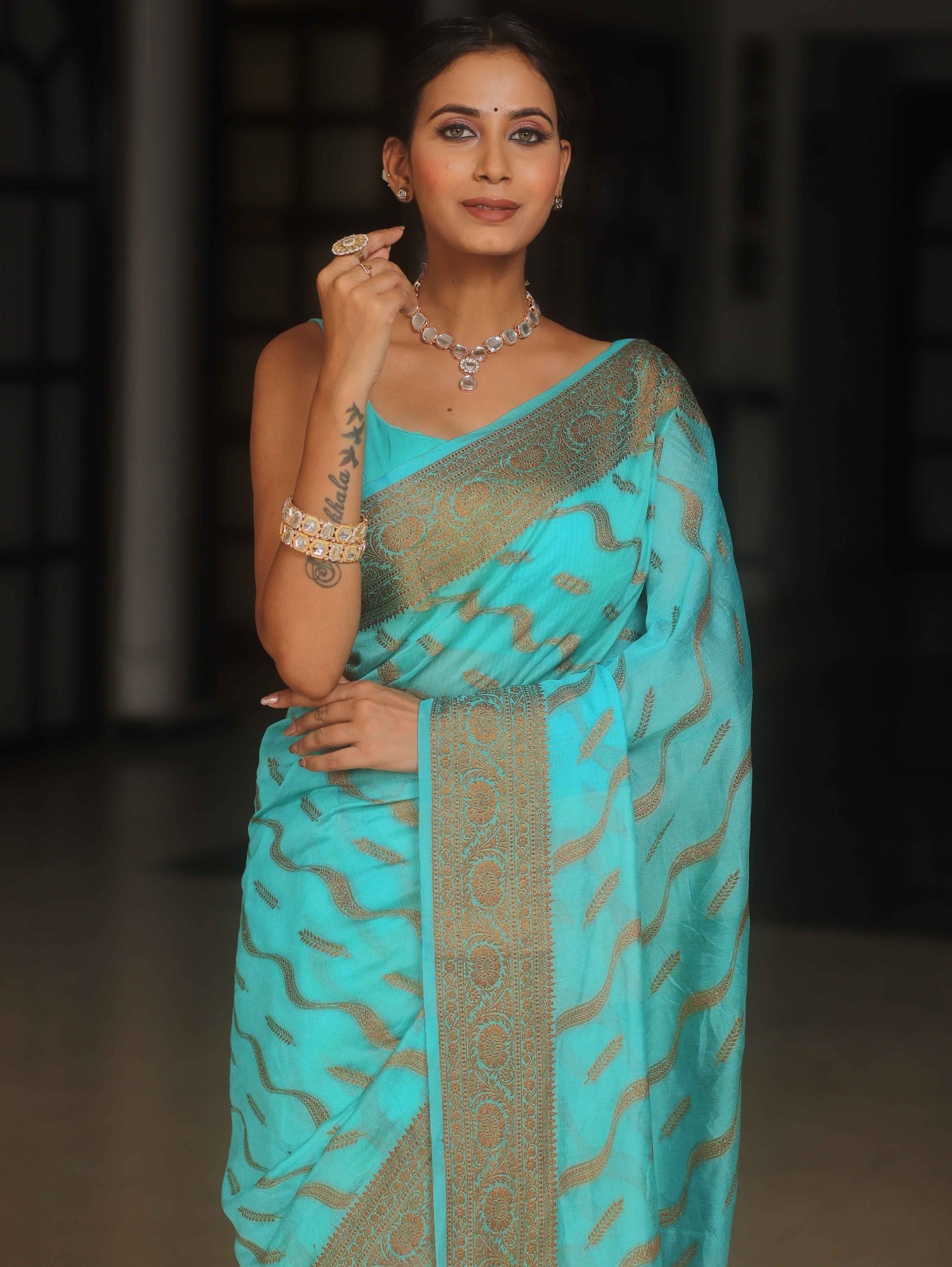 Banarasee Semi-Georgette Saree Antique Zari Border Design-Light Blue