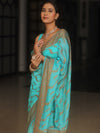 Banarasee Semi-Georgette Saree Antique Zari Border Design-Light Blue