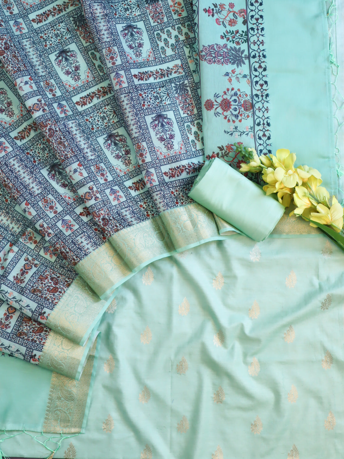 Banarasee Cotton Salwar Kameez Fabric With Printed Dupatta-Pastel Green