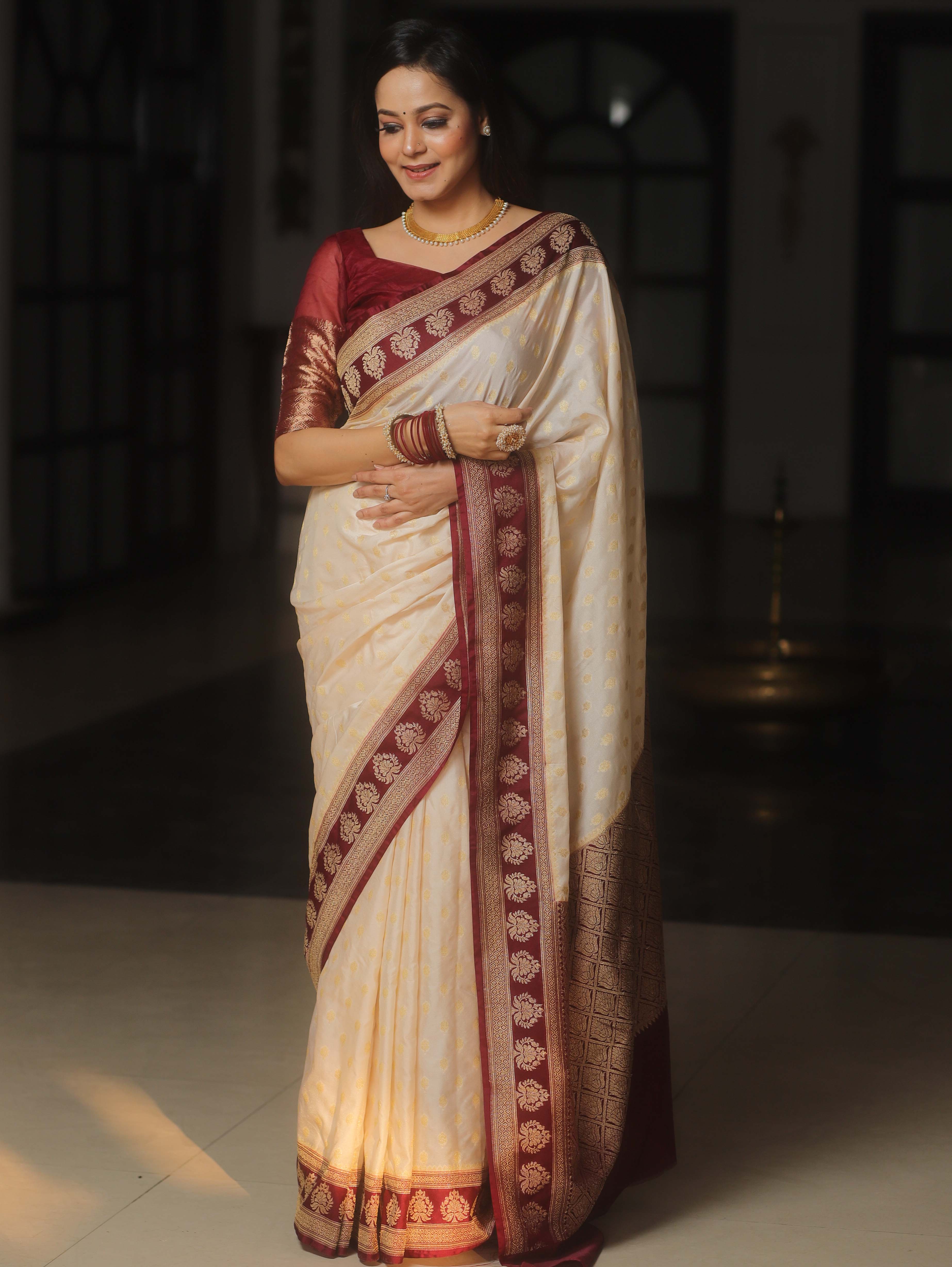 Banarasee Handwoven Semi Katan Saree Zari Buta Design With Contrast Border-Cream & Maroon