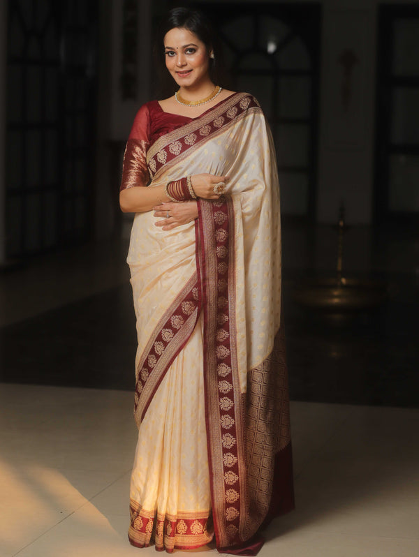 Banarasee Handwoven Semi Katan Saree Zari Buta Design With Contrast Border-Cream & Maroon