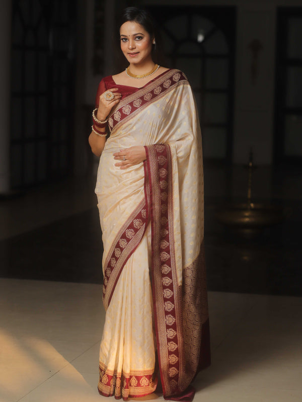 Banarasee Handwoven Semi Katan Saree Zari Buta Design With Contrast Border-Cream & Maroon