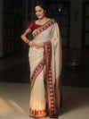 Banarasee Handwoven Semi Katan Saree Zari Buta Design With Contrast Border-Cream & Maroon