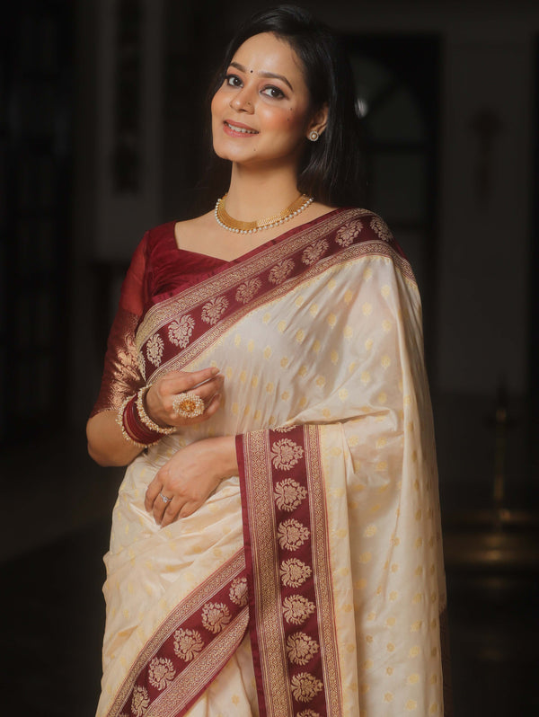 Banarasee Handwoven Semi Katan Saree Zari Buta Design With Contrast Border-Cream & Maroon