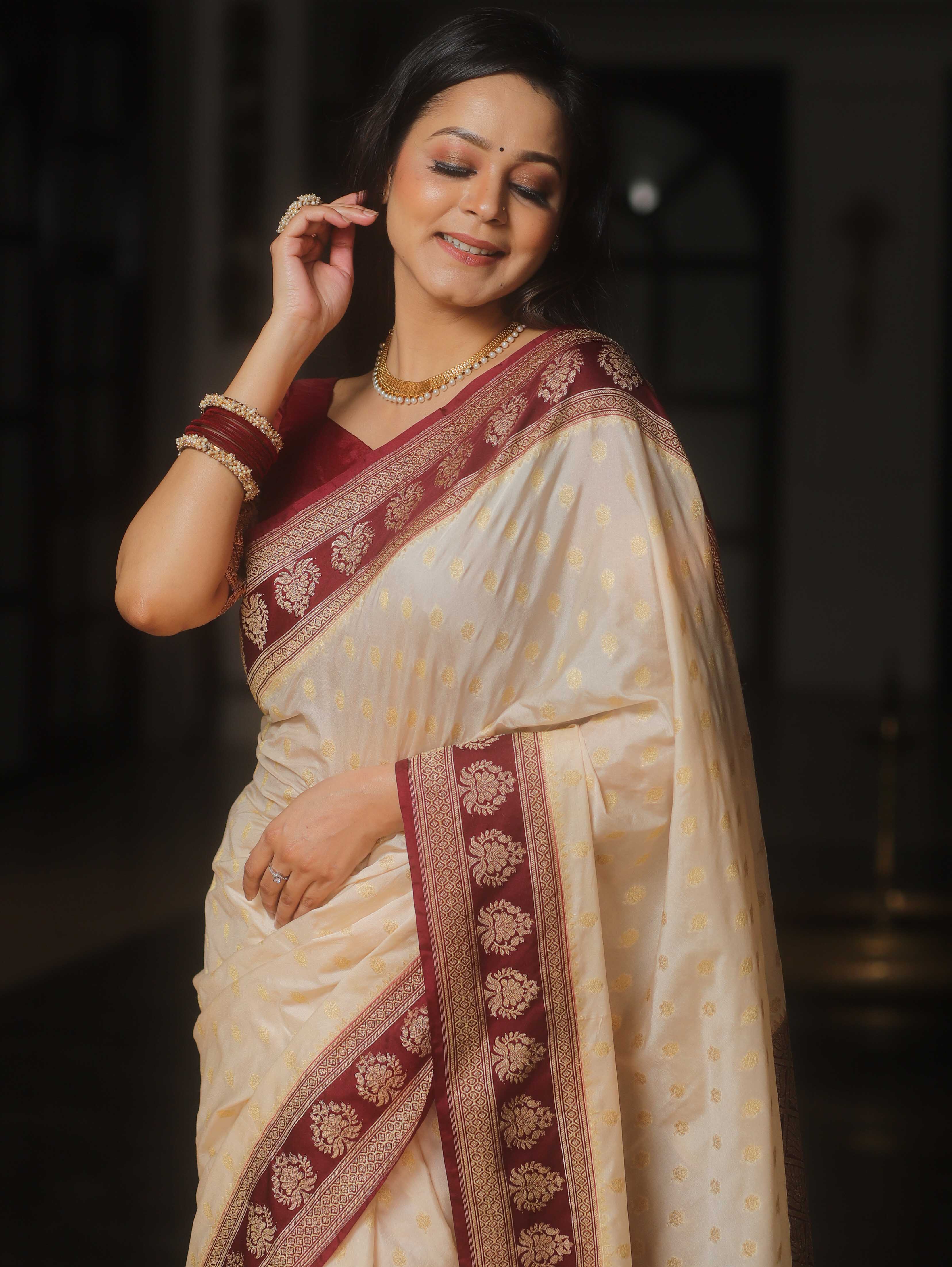 Banarasee Handwoven Semi Katan Saree Zari Buta Design With Contrast Border-Cream & Maroon