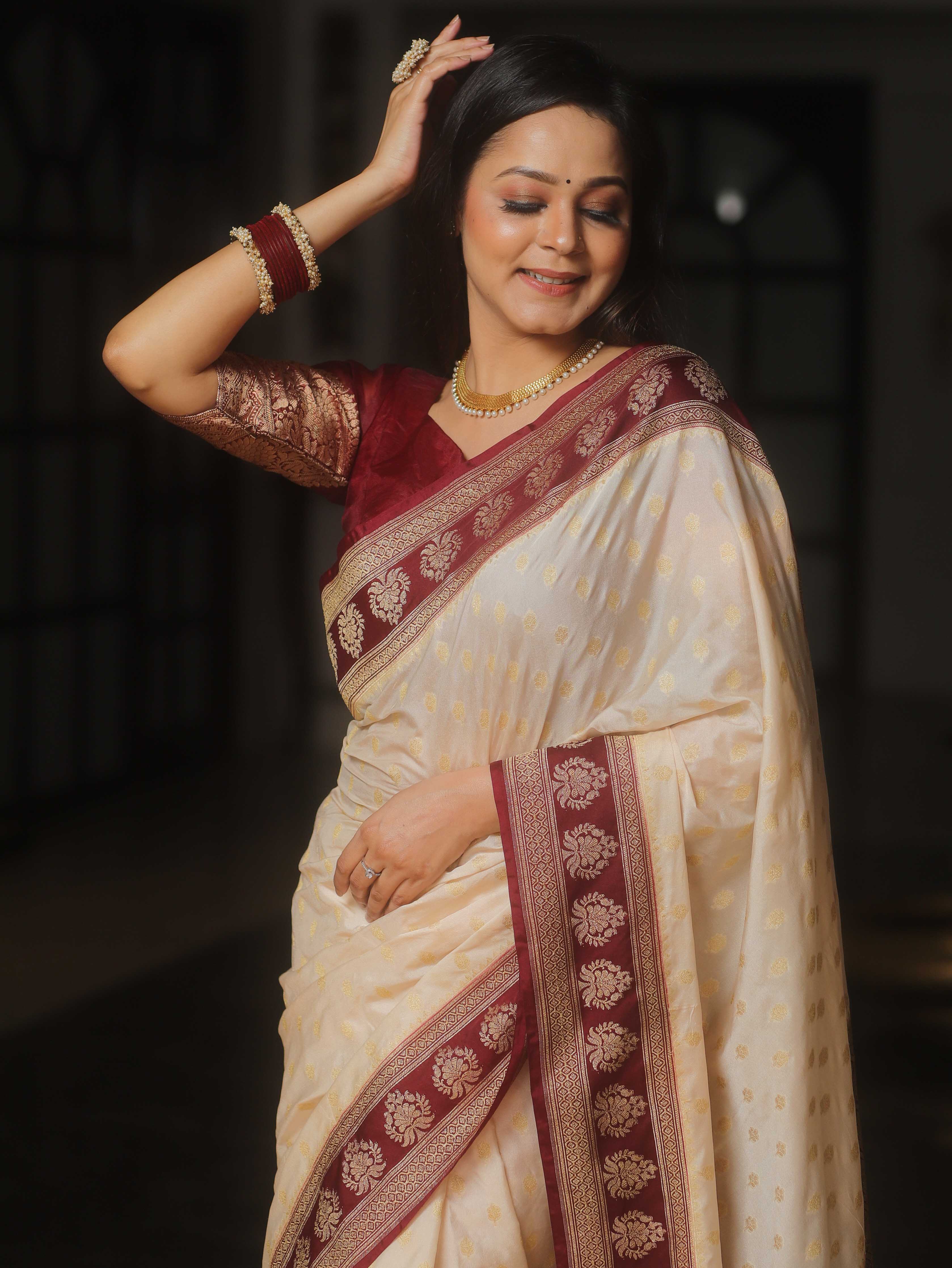 Banarasee Handwoven Semi Katan Saree Zari Buta Design With Contrast Border-Cream & Maroon