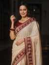 Banarasee Handwoven Semi Katan Saree Zari Buta Design With Contrast Border-Cream & Maroon