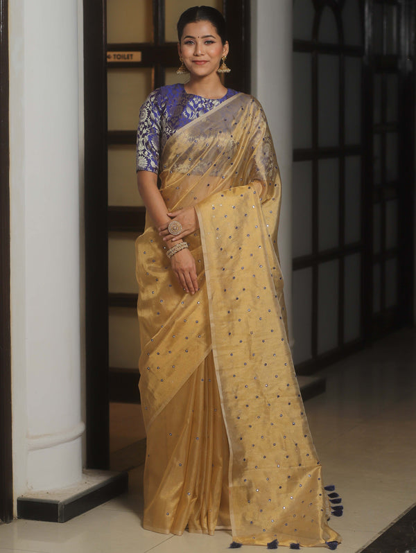 Banarasee Handwoven Mirror Work Tissue Saree With Contrast Blouse-Gold