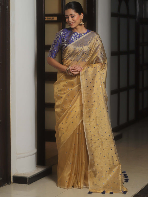 Banarasee Handwoven Mirror Work Tissue Saree With Contrast Blouse-Gold