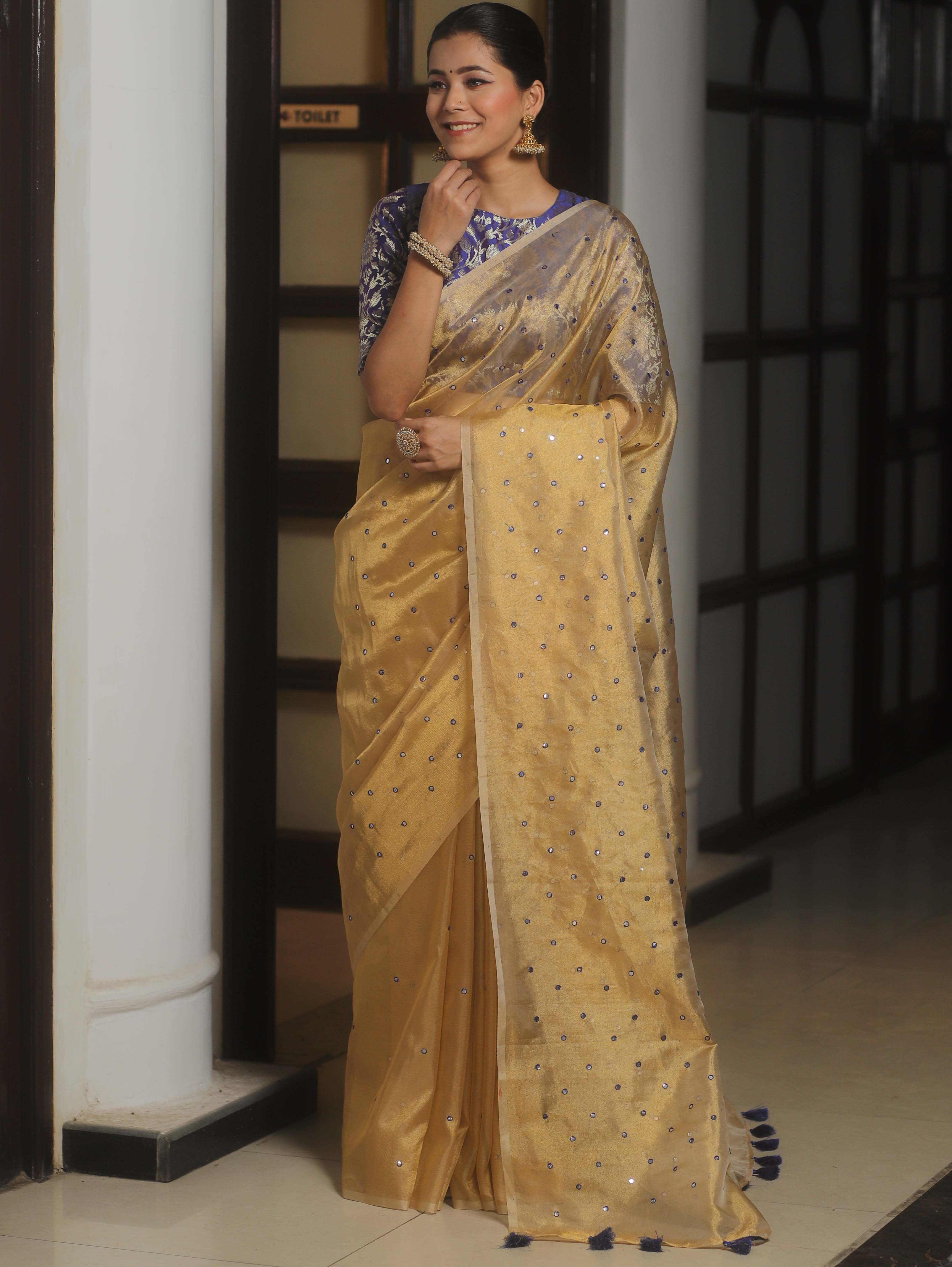 Banarasee Handwoven Mirror Work Tissue Saree With Contrast Blouse-Gold