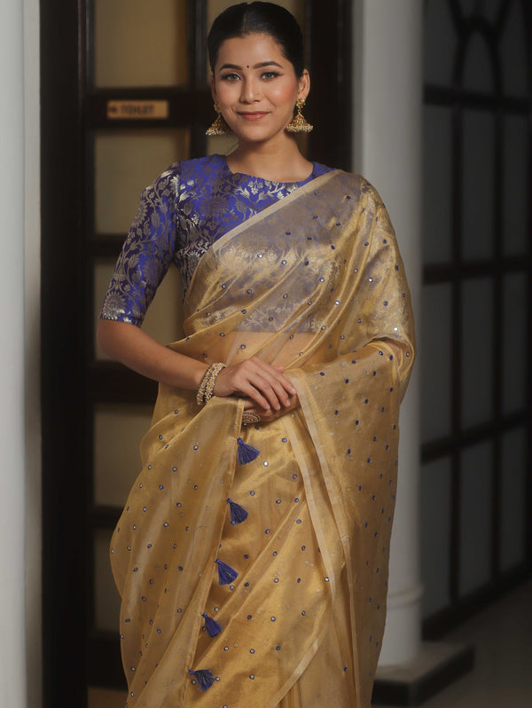 Banarasee Handwoven Mirror Work Tissue Saree With Contrast Blouse-Gold