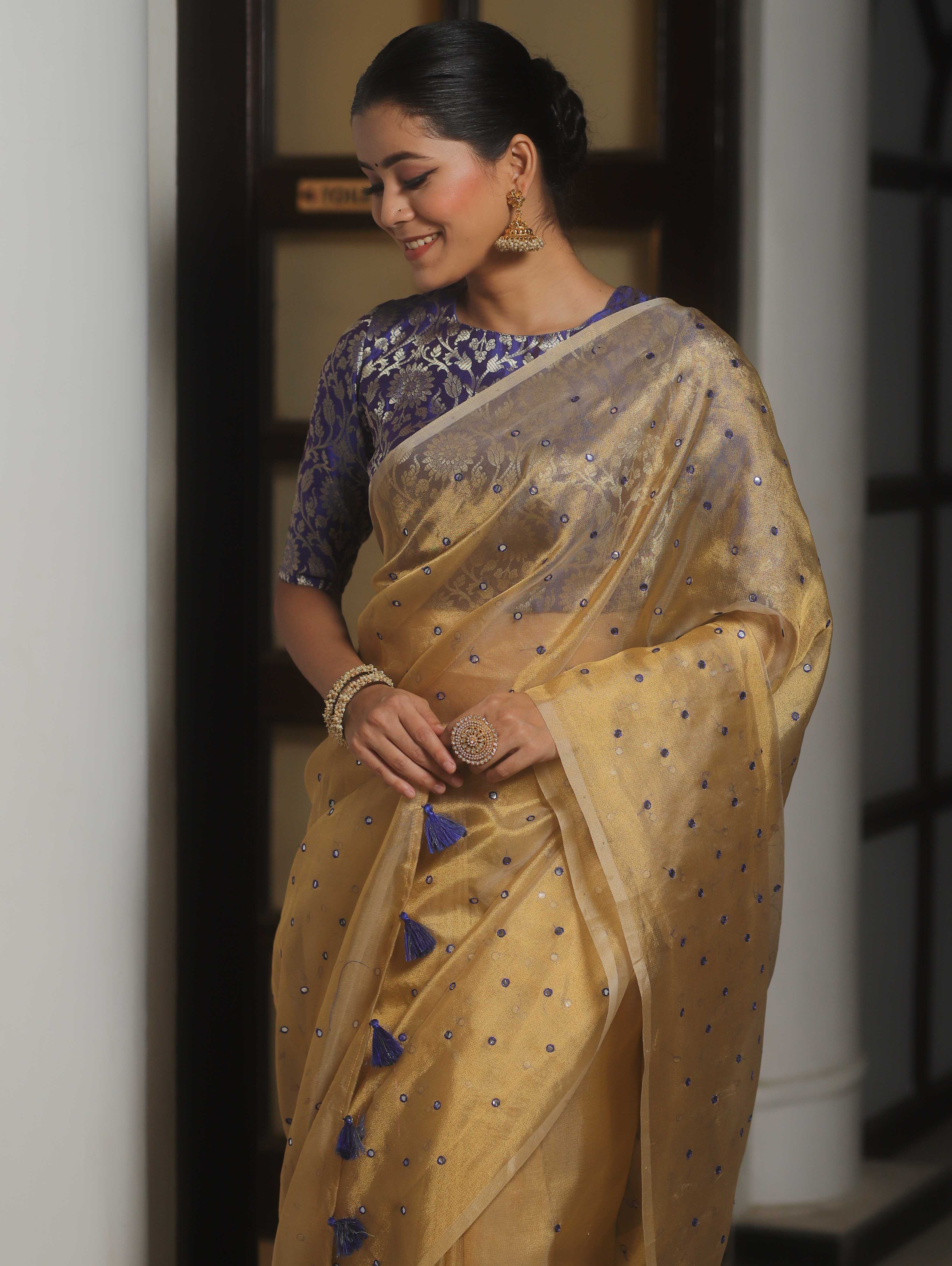 Banarasee Handwoven Mirror Work Tissue Saree With Contrast Blouse-Gold