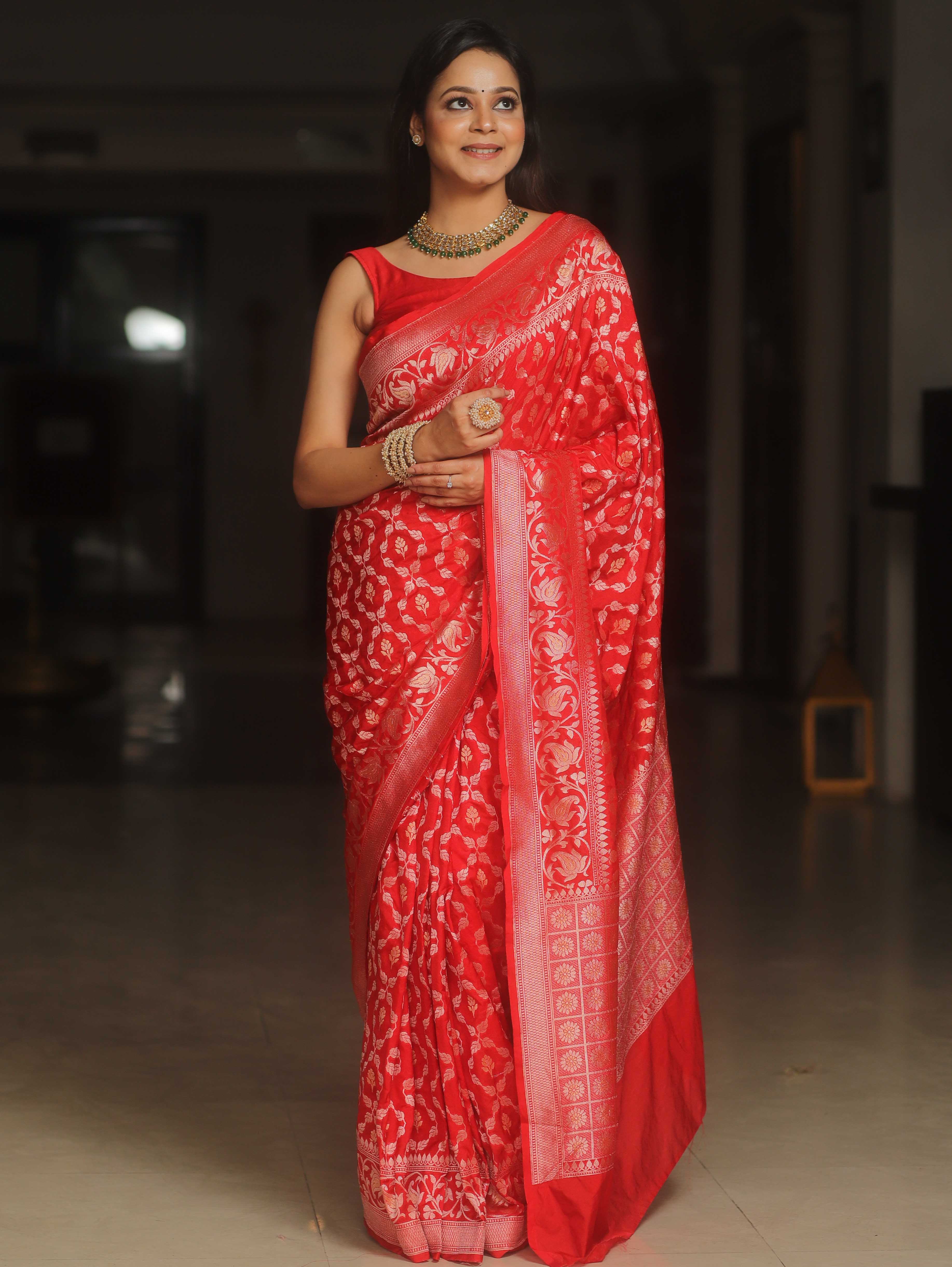 Banarasee Handwoven Semi Katan Saree With Zari Jaal Design & Border-Red