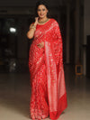 Banarasee Handwoven Semi Katan Saree With Zari Jaal Design & Border-Red