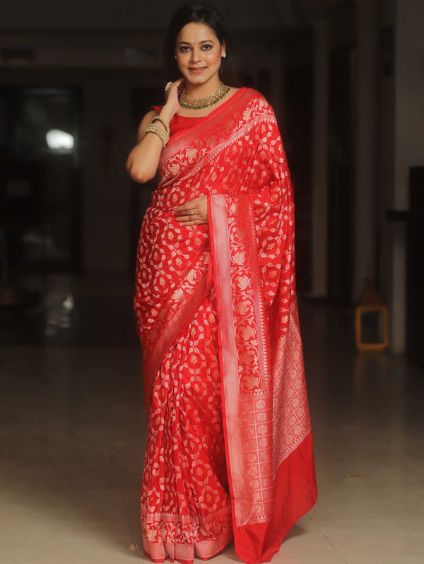 Banarasee Handwoven Semi Katan Saree With Zari Jaal Design & Border-Red