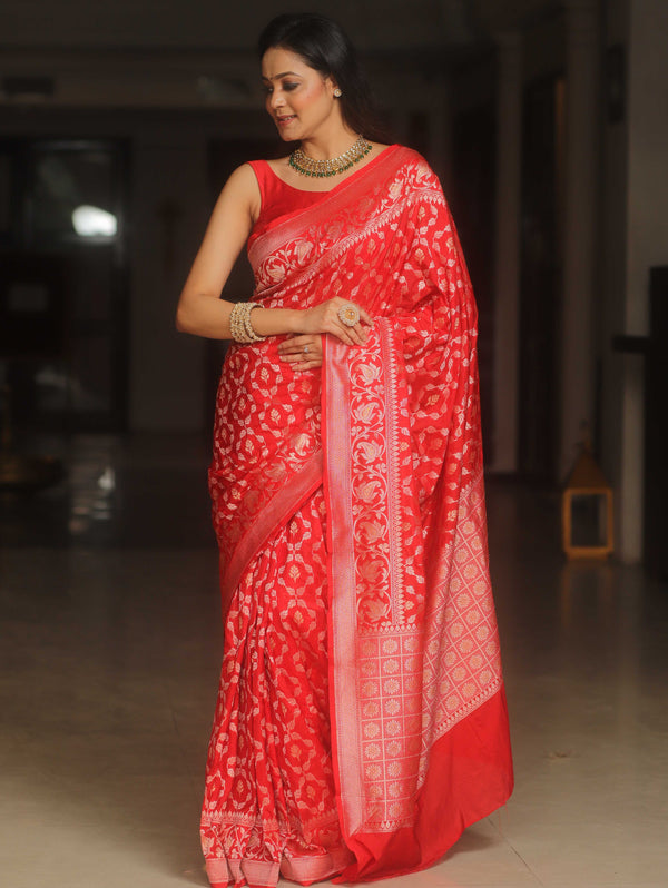 Banarasee Handwoven Semi Katan Saree With Zari Jaal Design & Border-Red