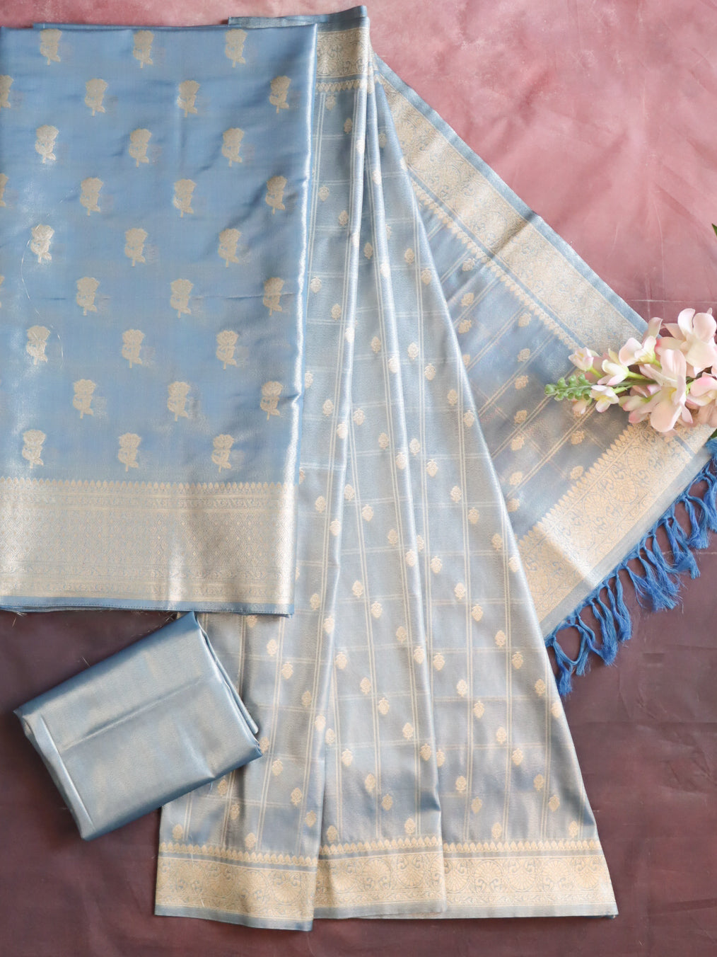 Banarasee Tissue Salwar Kameez Fabric With Dupatta Set-Pastel Blue