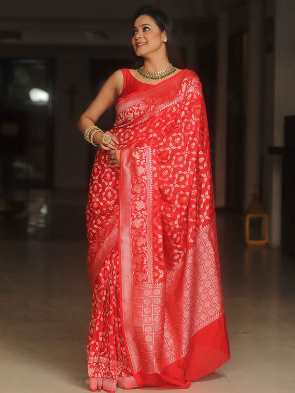 Banarasee Handwoven Semi Katan Saree With Zari Jaal Design & Border-Red