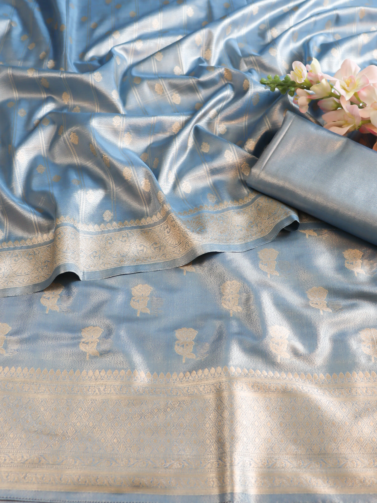 Banarasee Tissue Salwar Kameez Fabric With Dupatta Set-Pastel Blue