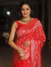 Banarasee Handwoven Semi Katan Saree With Zari Jaal Design & Border-Red