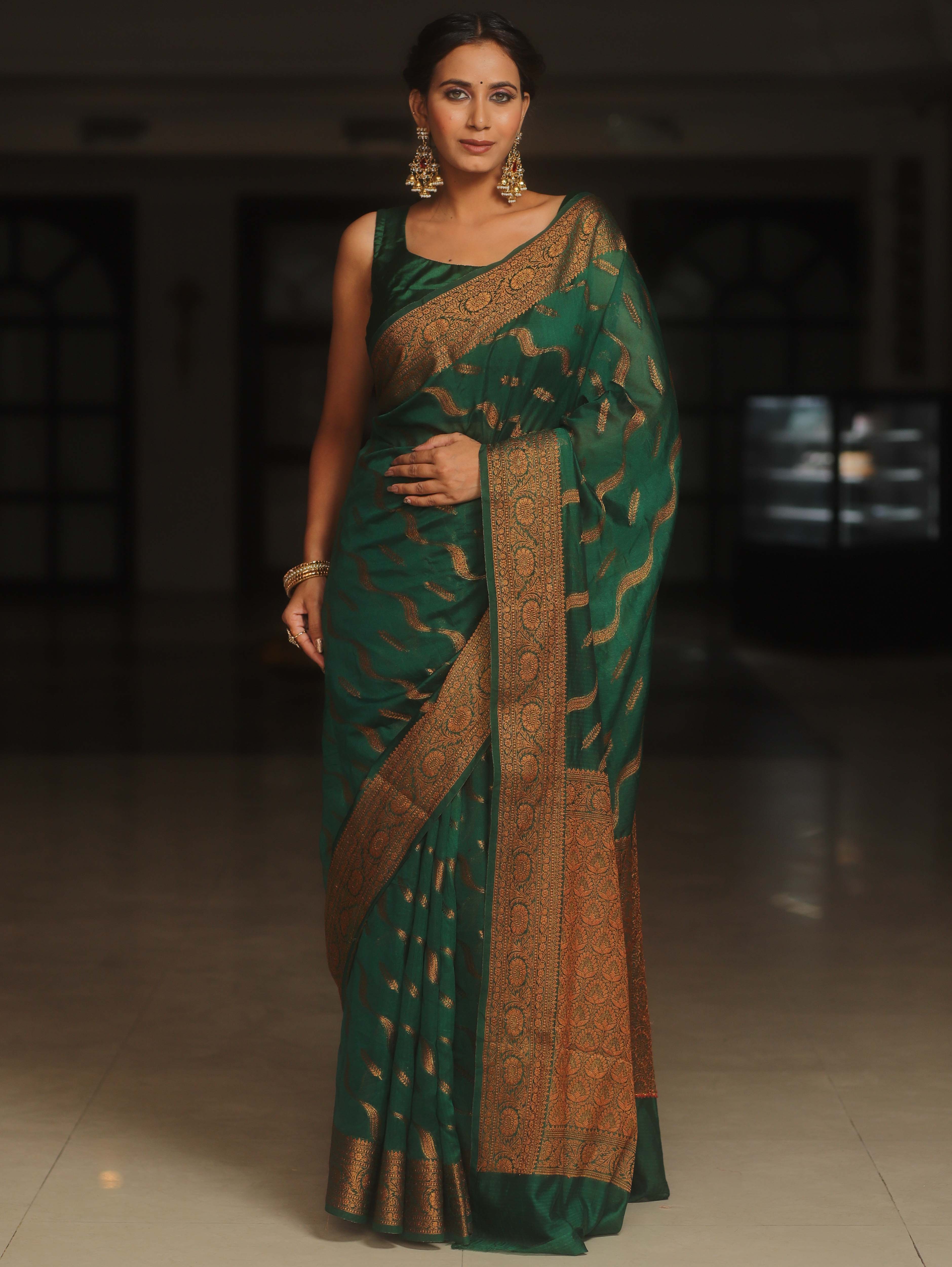 Banarasee Semi-Georgette Saree Antique Zari Border Design-Green