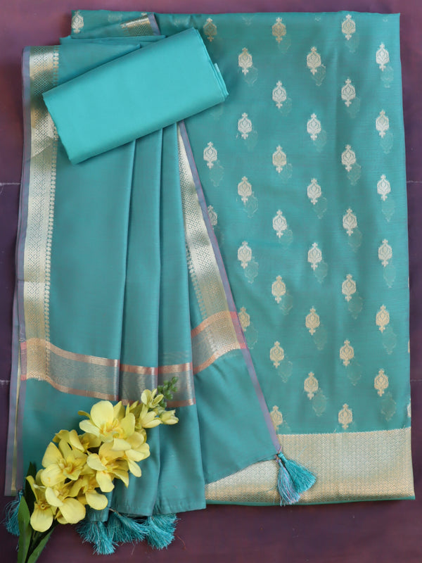 Banarasee Cotton Silk Zari Work Salwar Kameez Fabric With Plain Dupatta-Green