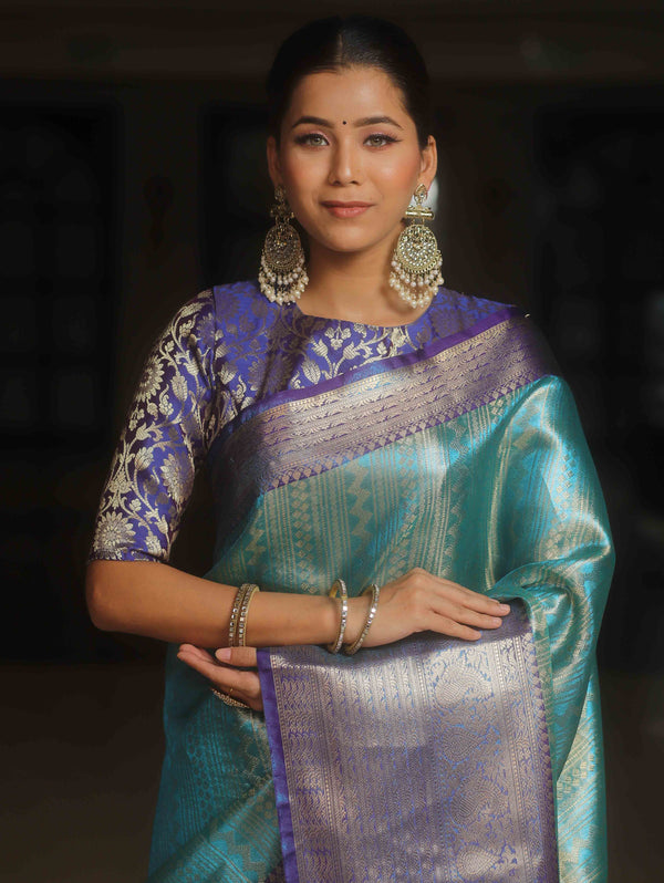 Banarasee Handwoven Broad Border Zari Design Tissue Saree-Blue