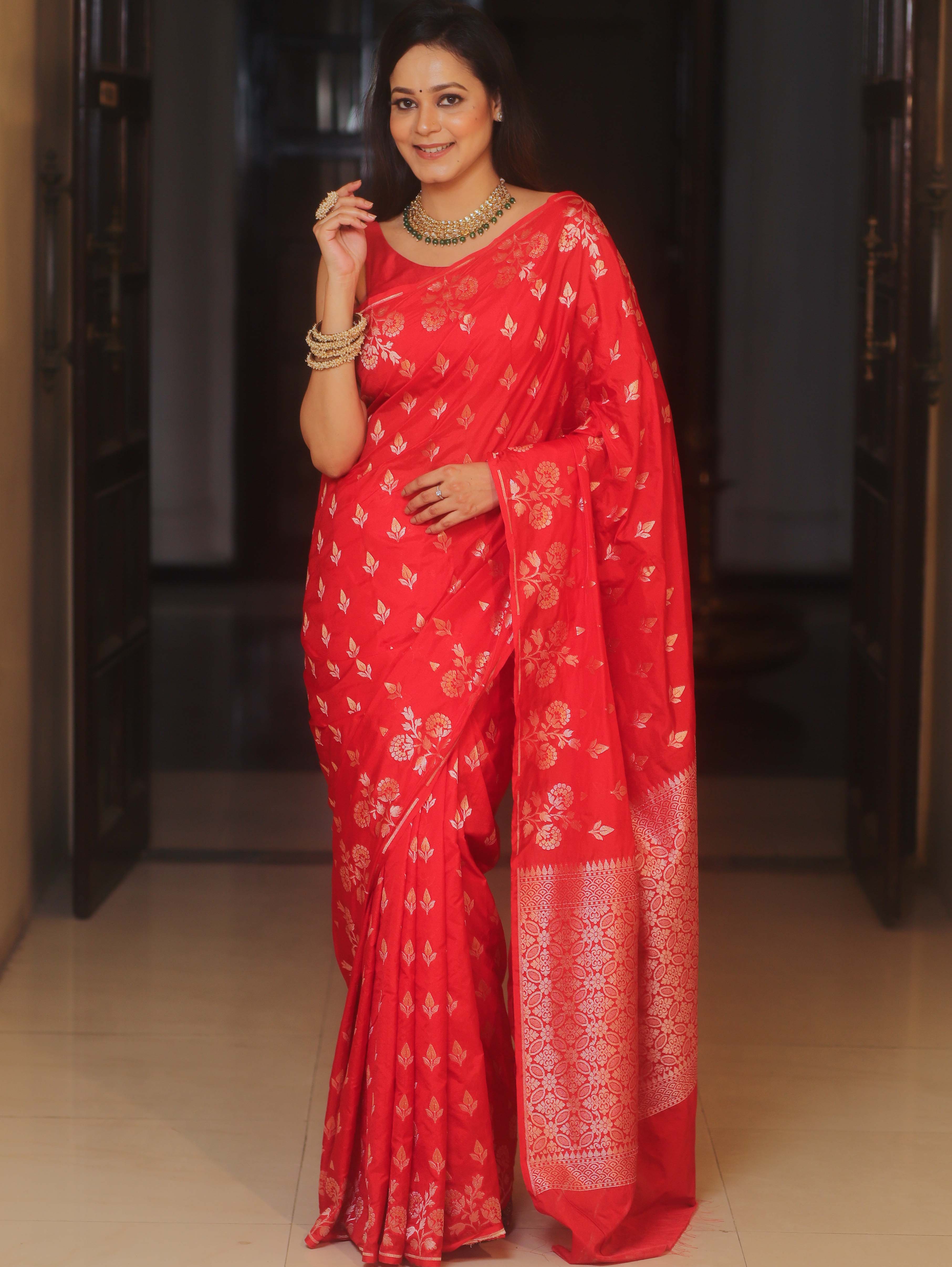 Banarasee Handwoven Semi Katan Saree With Zari Buta Design-Red