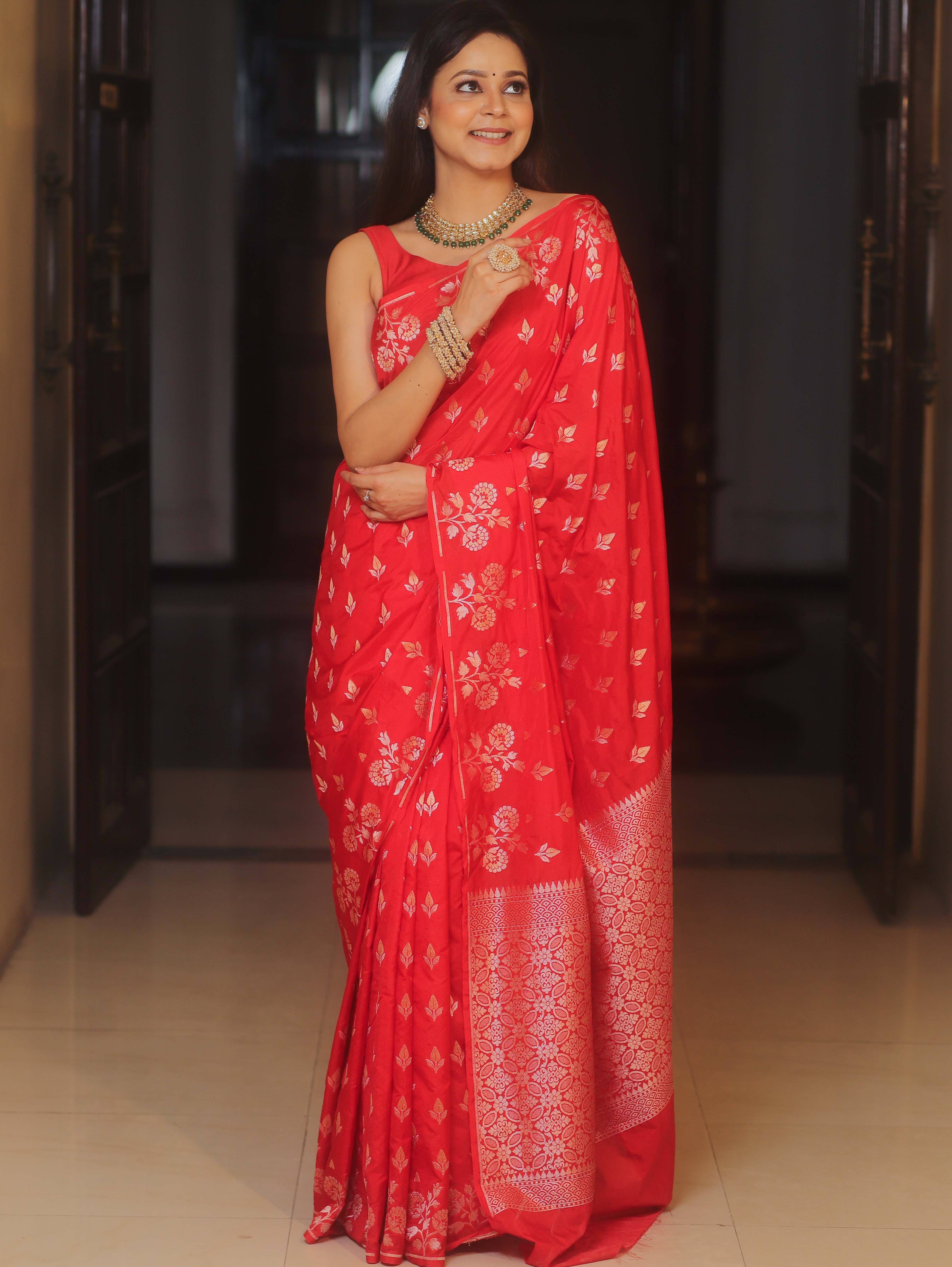 Banarasee Handwoven Semi Katan Saree With Zari Buta Design-Red