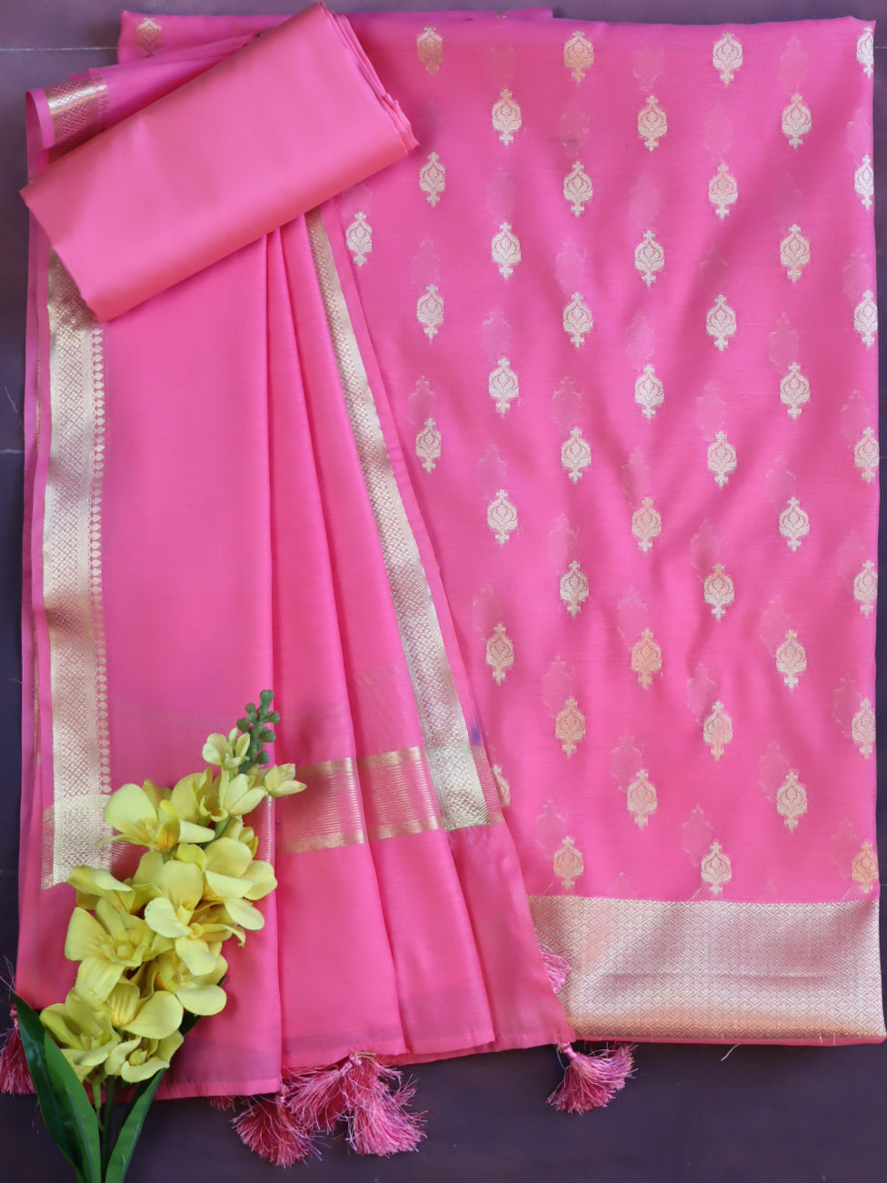 Banarasee Cotton Silk Zari Work Salwar Kameez Fabric With Plain Dupatta-Pink