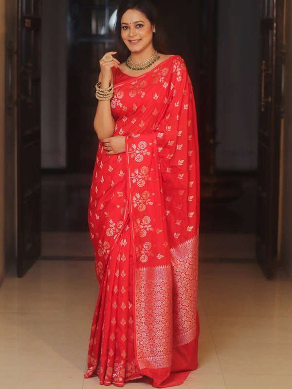 Banarasee Handwoven Semi Katan Saree With Zari Buta Design-Red