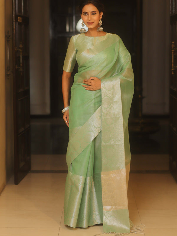 Banarasee Handwoven Plain Tissue Skirt Border Saree-Light Green