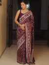 Banarasee Handwoven Semi Katan Saree With Zari Jaal Design & Border-Maroon