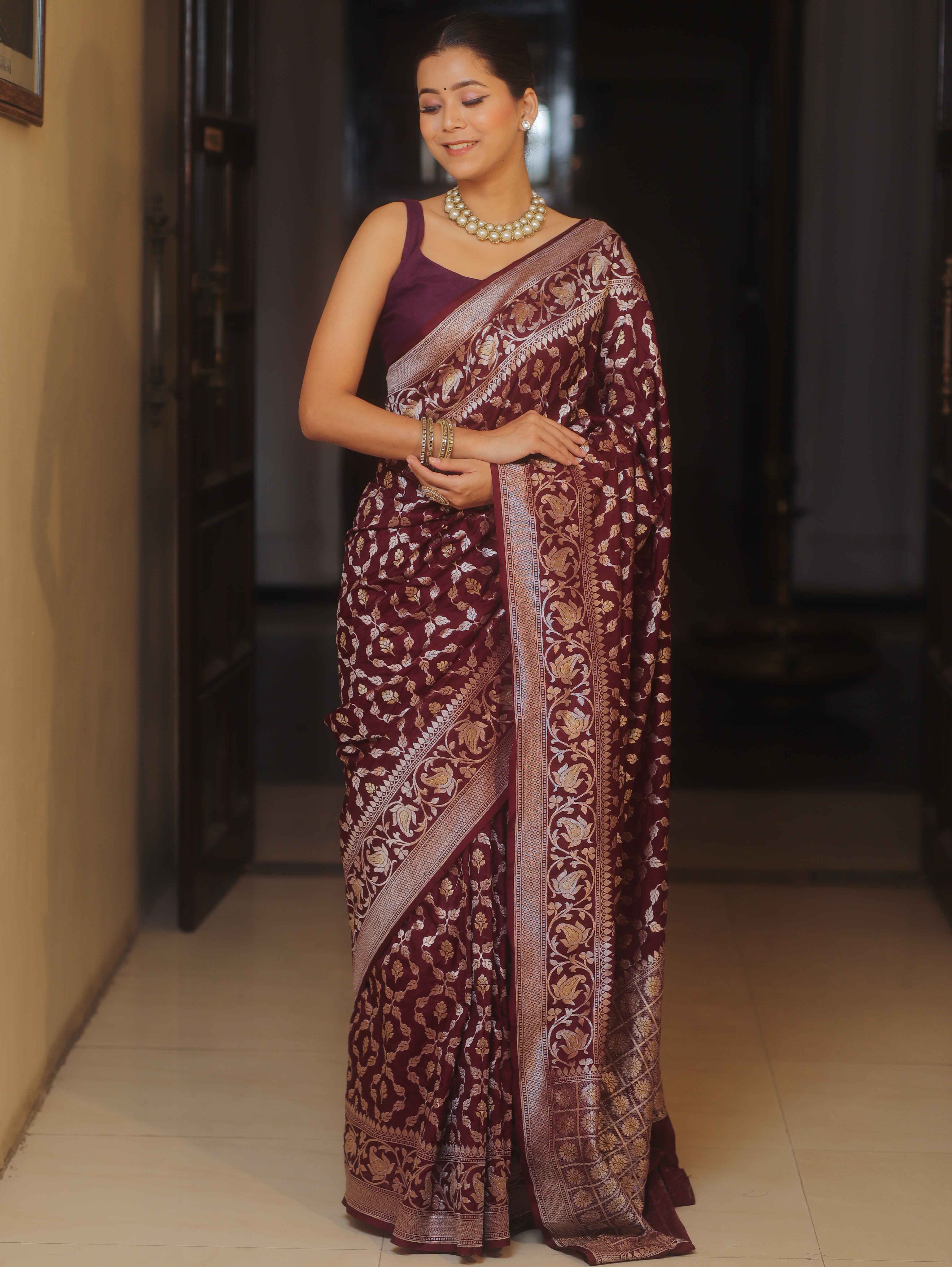 Banarasee Handwoven Semi Katan Saree With Zari Jaal Design & Border-Maroon