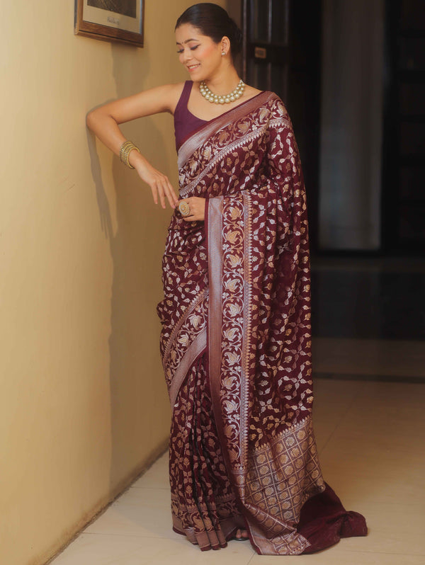 Banarasee Handwoven Semi Katan Saree With Zari Jaal Design & Border-Maroon